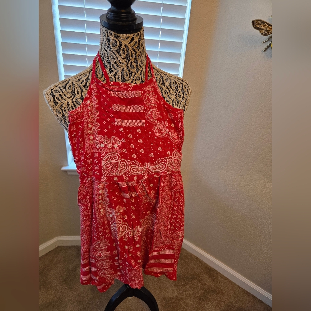 Girls Red Paisley Bandana Print Sundress W/ Criss Cross Back- Girls Size 7-8